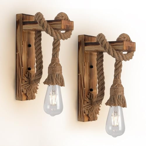 SEEBLEN Farmhouse Wood Wall Sconce Set of Two, Rustic Hemp Rope Wall Lamp Creative Pulley Wall Light.Antique Wooden Wall Lamp for Bedroom Stairs Hallway Living Room Entryway.