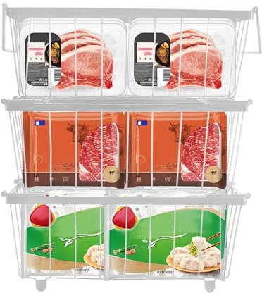 3 pezzi Organizer per Congelatore, Cestino per Congelatore Cestini Congelatore Pozzetto Cestino Congelatore, Impilabile per Risparmiare Spazio, Per la Conservazione degli Alimenti in Freezer (bianco)