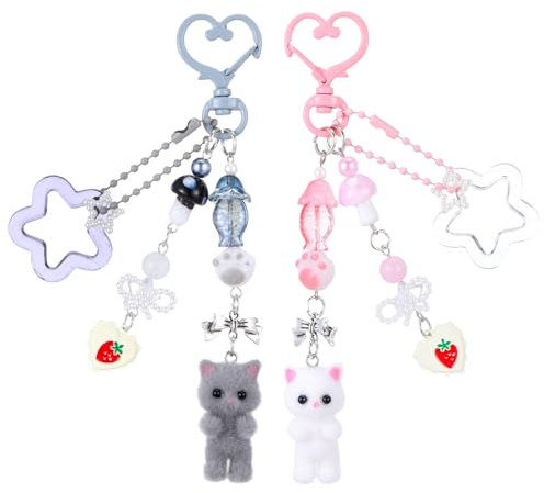 Ouligay 2 Stück Süßer Y2K Katzen Schlüsselanhänger, Flauschiger Katze Anhänger mit Herz Stern und Schleife, Plüsch Katzen Bag Charm, Niedlicher Katzenliebhaber Schlüsselanhänger