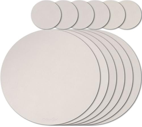 Mahewa® 6er Set Premium Tischset aus Kunstleder - Platzset abwaschbar und wasserdicht - Platzdeckchen Telleruntersetzer in Lederoptik (Greige, Rund)