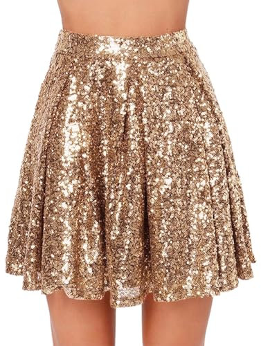 Pailletten Rock Damen Minirock Glitzer Pailletten Karneval Rock Goldener Rock Petticoat Minirock kurz Mini Rock Faltenrock Stilvoll Glitzer Rock Tanz Rock Metallischer Hohe Taille (c-Rose Gold, XXL)