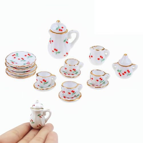 1:12 Miniatur Teeservice Porzellan Geschirr, Mini Porzellan Blume Teetasse Set, Puppenhaus Dekor Küche Zubehör Puppengeschirr, Miniatur Simulation Modell für Puppenhäuser, Rote Kirsche, 15 Stück