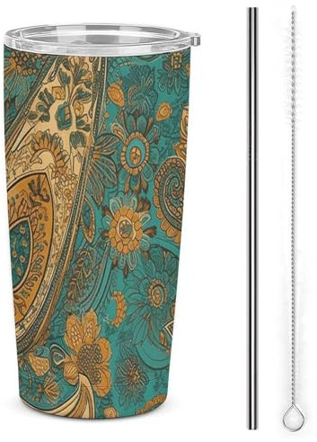 Stanley Tasses à café avec couvercle, double couvercle, paille en acier inoxydable, motif cachemire jaune, tasses imprimées, convient aux porte-gobelets de voiture (590 ml)