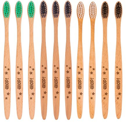[EHOP] Lot de 10 Brosses à Dents en Bois Français | Poils Medium | Convient aux Adultes | Fabrication Française | Brosses Écologiques | Dentaire Zéro Déchet, Manche Biobasé