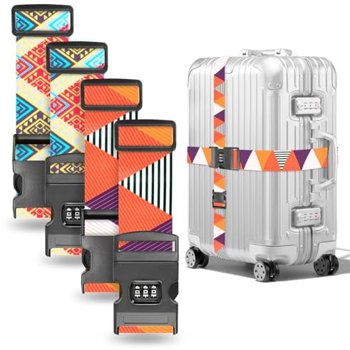 Metamorisy,Koffergurte 4 stück,kofferband auffällig,koffergurt mit zahlenschloss,einstellbar kofferband Gurt,koffergurt kreuzgurt,Luggage Strap,Für 28-Zoll-Koffer (Orange)