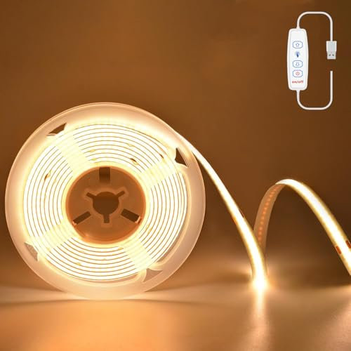 Kimuwote Tira LED COB, 3 metros, USB 5 V, luz blanca cálida, 3000 K, USB regulable, 960 LED, flexible para dormitorio, hogar, armario, iluminación DIY