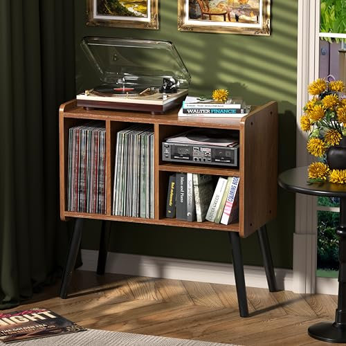 UODERS Plattenspielertisch, Plattenspielerständer aus der Mitte des Jahrhunderts mit Vinylaufbewahrung für bis zu 150+ Alben, Vinyl-Schallplattenschrank mit verstellbaren Regalen, Holz-Plattenspieler