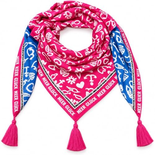 Zwillingsherz Dreieckstuch mit Quasten, Maritimes Design, Pink-Blau mit Pailletten