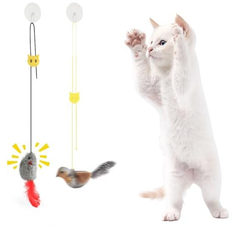 KQOZG 2 Pièces Jouet Interactif pour Chat Auto-Entretenu, Souris et Moineau Suspendus avec Bruit Réaliste, Sans Piles, Queue en Plumes, Fixation Cadre de Porte
