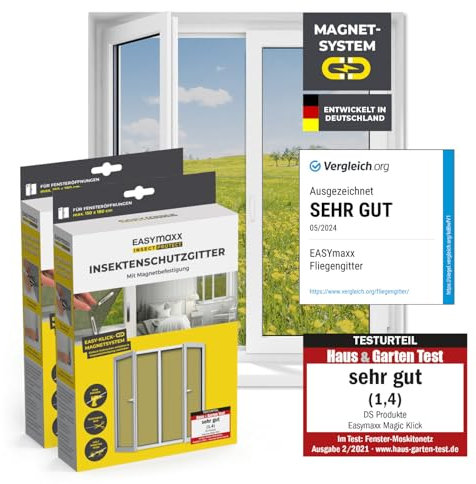 EASYmaxx Zanzariera per finestre con Magic Click | Tagliata individualmente su misura per tutte le finestre fino a 150 x 180 cm | Facile installazione con 12 magneti - senza forare o avvitare 2 Pezzi