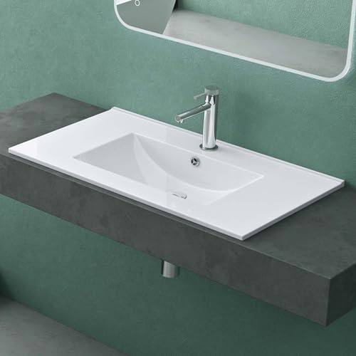Mai & Mai Waschbecken Einbauwaschbecken 81x47x18cm aus Keramik | Waschtisch Weiß glänzend inkl. Nano-Beschichtung Rechteckig Brüssel912