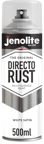 JENOLITE Directorust White Spray Paint for Metal 500ml Aerosol Satin Finish | Direct To Rust Spray Paint For Metal, All-In-One Multi Surface Paint for Metal, Wood, Plastic, Ceramic - RAL 9016