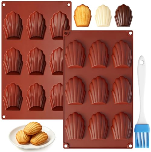 2 Stück Set Muschel Silikonform Madeleines je 9 Mulden mit Silikonpinsel | Set Silikonformen Madeleines Backform Wiederverwendbar Madeleines Form für Muffin,Pudding, Pralinen, Eiswürfel, Kerzen