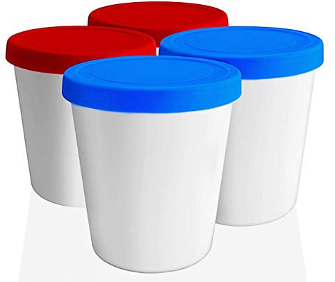 LIN Eiscreme-Behälter, 4er-Pack - Wiederverwendbare, runde 1-L-Aufbewahrungsbehälter für Eis, Dessert, Gelato, Sorbet, 2 rote & 2 blaue Silikon-Deckel - BPA-frei, gefrier- und spülmaschinenfest