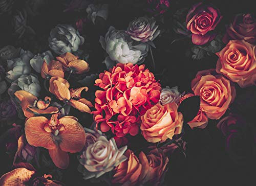 Livingwalls Fototapete Designwalls Vliestapete Romantic Flowers Tapete mit Blumen in Creme, Grün, Orange, Rosa, Schwarz, Weiß 350 x 255 cm XXL Wandtapete Wandbild 118510