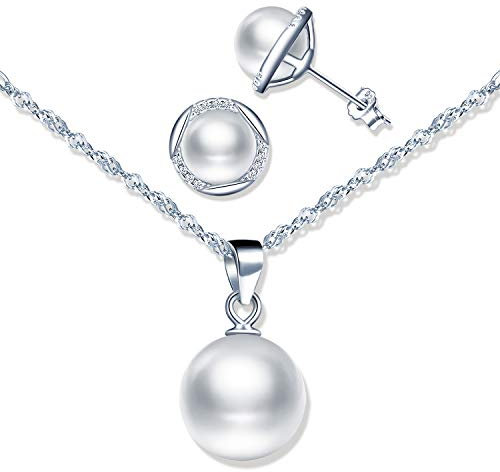 Yumilok Perlenschmuck-Set, Perlenkette für Damen, aus 925er Silber, elegante Perlenohrringe, Zirkonia, Intarsien, Geschenk zu Weihnachten und Geburtstag, kubischer Zirkonia, Sterling-Silber, Cubic