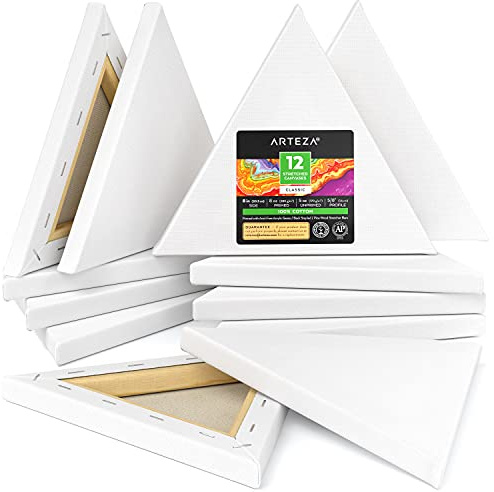 Arteza Dreieck-Leinwand Keilrahmen, 12er-Set dreieckige bespannte Keilrahmen 20.3 cm Seite, 100% Baumwolle, Leinwände für Acrylfarben, Künstlerbedarf für Acryl- und Ölmalerei