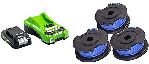 Greenworks Batterie G24B2 et Chargeur G24UC (2Ah 60W puissance 60 minutes de temps de charge à 2Ah) & Bobine à fil unique pour les tondeuses à gazon (fil de 1,65 mm de diamètre, 4,8 m de cordon)