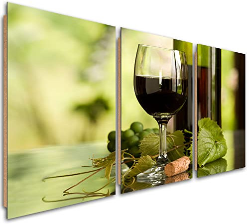 Feeby 3 parti Quadro 60x30 cm Bicchiere Vino Bottiglia Foglia d'uva Stampa in Qualita Fotografica Moderna Pronta Per Essere Appesa Alcool Uva Bevanda Sughero verde