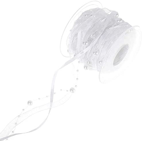 LUMoony 10M Perlengirlande mit Organza Perlengirlande Perlenkette Perlenschnur Geschenkband Schleifenband mit Perlen Deko Hochzeit Dekoband für Hochzeit Weihnachten Taufe Geburtstagsgeschenke