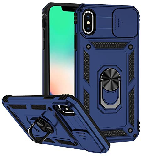 Jiyu Hülle Kompatibel mit iPhone XS Max 6.5, Kameraschutz Handyhülle 360 Grad Ringhalter Case Militärische Handyhüllen Tough Armor Cover Stoßfest Hybrid Bumper Schutzhülle,Blau