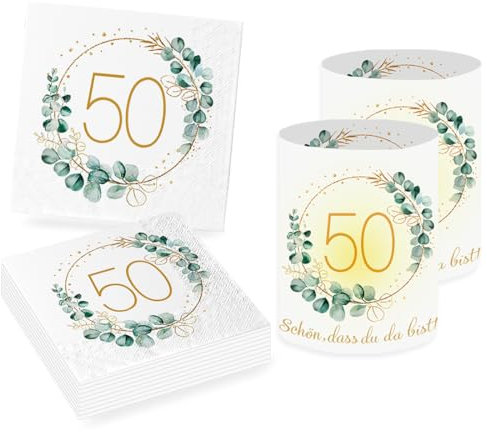 Sprinlot 20 Stück Servietten 50. Geburtstag+12 Stück Windlicht Tischdeko 50 Geburtstag Frauen, Deko 50. Geburtstag Frau Mann, Servietten Eukalyptus Geburtstag Windlichter, Wohnungseinrichtung