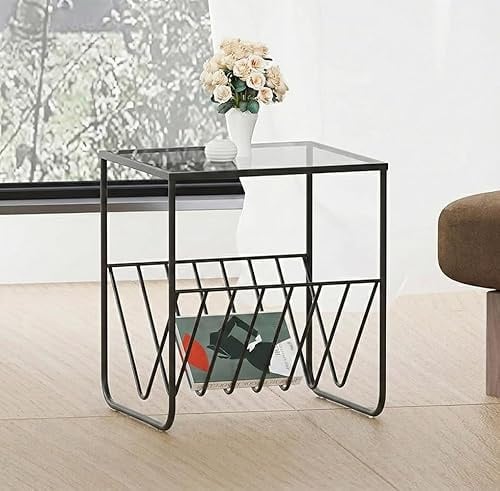 Hallowood Furniture Bourton Black Side Table with Tinted Glass Top | Powder-Coated Metal Frame, Stylish Black Coffee Table with Magazine Racks for the Living Room and Bedside Use, Modern Profile