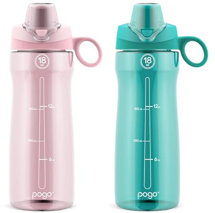 pogo Kunststoff-Wasserflasche mit Becherdeckel und Tragegriff, BPA-frei, spülmaschinenfest, perfekt für Reisen, Schule, Outdoor und Fitnessstudio, 2 Stück, Aquaviva/Pink Satin