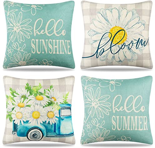 Kissenbezug 45x45 Dekokissen Sofakissen Blumen Frühling Sommer Kissenbezüge Gänseblümchen Zierkissenbezüge Modern Leinen Kissenhülle Couchkissen für Sofa Car Couch Garten Balkon Zuhause Dekor 4er Set