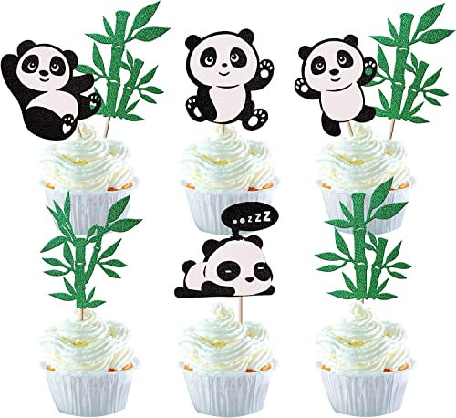 24 Stück Panda Tortendeko Glitzer Grün Bambus Cupcake Toppers Niedliches Tier Bär Kuchen Deko für Panda Thema Baby Dusche Kinder Geburtstag Party Kuchen Dekoration