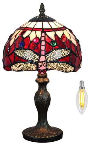 Kinbolas Tischlampe kleine im Tiffany Stil,Vintage Nachttischlampe,Schlafzimmer Fensterbank Deko Lampe,Jugendstil Tischleuchte,Libellen Buntglas lampenschirm 20cm / 8 Zoll Mit LED E14 Birne(J-4)