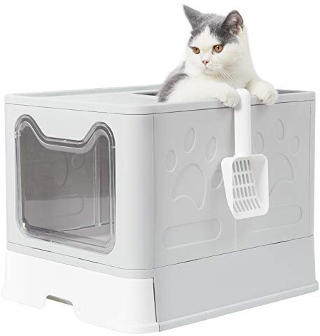 BingoPaw Bac Litière Chat Pliable: Maison de Toilette XXL pour Chats Grande Taille Anti Odeur Caisse Litière Fermée 51 x 41 x 38 cm Blanc