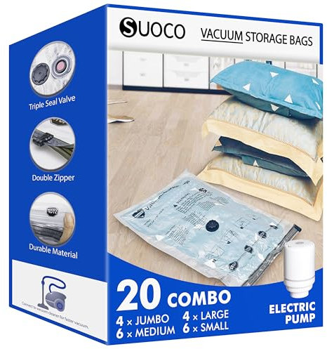 SUOCO Bolsas al Vacío Ropa, Juego de 20 Bolsas (4J + 4L + 6M + 6S) con Bomba Eléctrica, Bolsas de Almacenaje al Vacío para Ropa y Edredones, Viaje y Hogar, Resistente y Reutilizable
