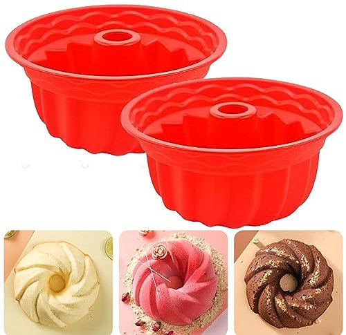 Moule à Gâteau Rond en Silicone,Moule à Kouglof en Silicone 24cm,Antiadhésif Moule à Gâteau Rond en silicone,Moule à Kouglof en silicone pour Gâteau en couches, Gâteau au fromage,Rouge,2 pièces