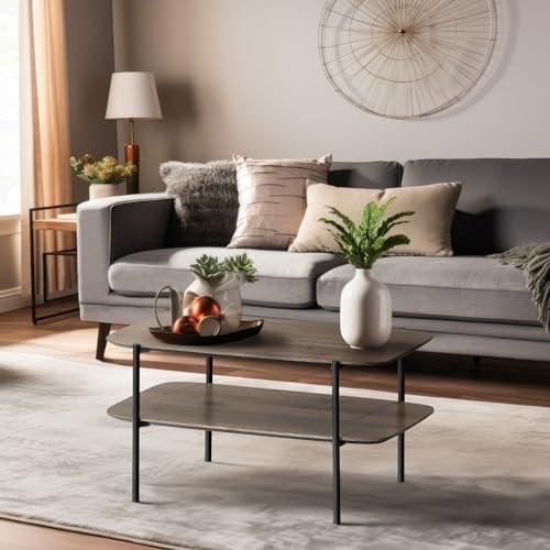 Wohnando Couchtisch Wohnzimmer Alexandros 70x42x38cm, Piniendekor, Schwarze Metallbeine, Modern, Skandi + Industrie Mix, Minimalistisch, Kleiner Tisch