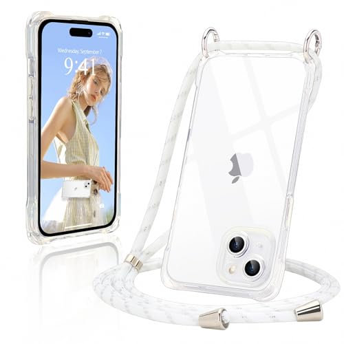 Ethanger Handyband für iPhone 15 Hülle mit Band Durchsichtig Silikon Handyhülle zum Umhängen Kordel Abnehmbar Necklace Transparent Case Stoßfest Schutzhülle für iPhone 15 Transparent