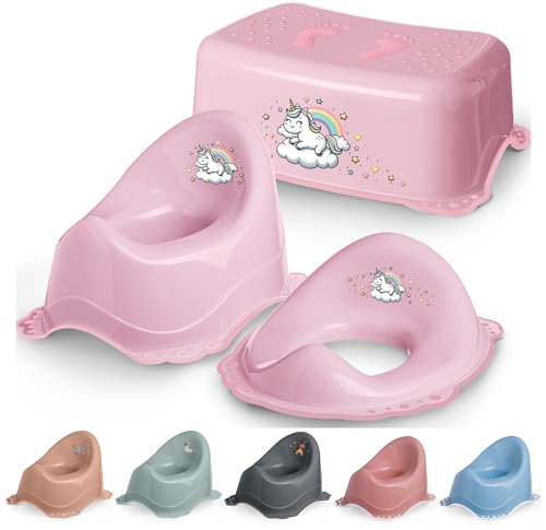 DOCARI Kinder Töpfchen Set 3 in 1 ab 1 Jahr pink Einhorn – Töpfchenset Jungen Mädchen stabil rutschfest und hygienisch - Ideal fürs Töpfchentraining: Lerntöpfchen Toilettenaufsatz Hocker