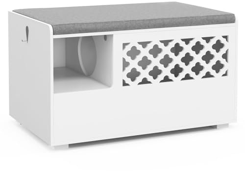 GYMAX Casetta per Gatti 2 in 1 con Apertura a Cerniera, Cuscino Rimovibile, Mobile Multifunzione per Lettiere per Gatti in Stile Moderno per Camera da Letto, Soggiorno, 90 x 48,5 x 52 cm, Bianco