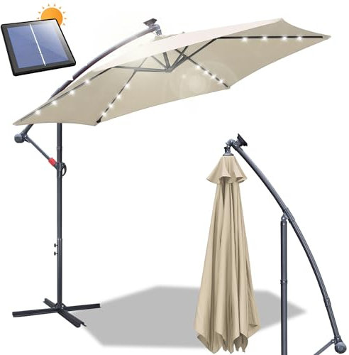 Daromigo Sombrilla de 300/350 cm con manivela | Sombrilla con soporte | Sombrilla de jardín, protección UV de aluminio | Sombrilla de mercado impermeable para jardín, Beige con LED Solar, Ø 300 cm