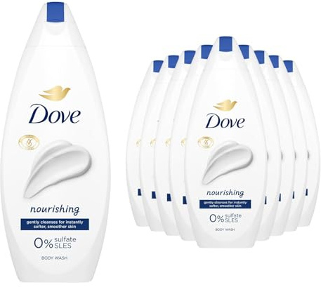 Dove Body Wash 0% Sulfate SLES for Women Made with Naturally Derived Cleansers and Plant Based Moisturiseres Gently Cleanses for Softer and Smoother Skin, 225ml (10 Pack, Nourishing)