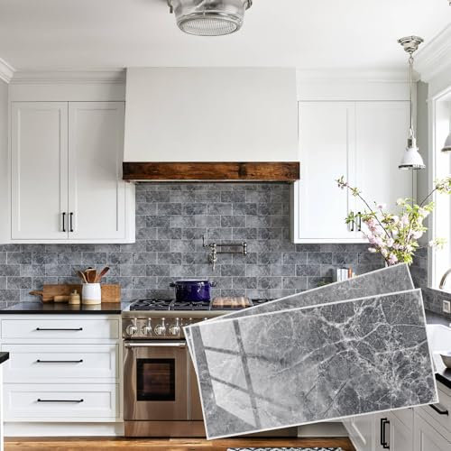 Abyssaly Marble Stick on Tiles for Kitchen, Bathroom Self Adhesive Wall Tile Stickers Grey, Peel and Stick for Home Decor DIY Backsplash, 10x20cm/10pcs