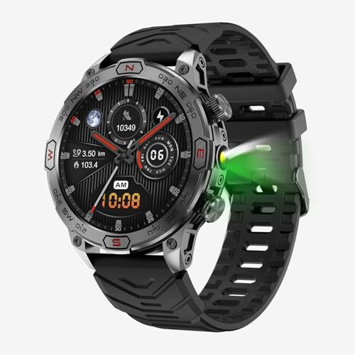 OHUGNA Military Smart Watch mit LED-Taschenlampe, Bluetooth Anrufe tätigen/beantworten, 1,43“ HD Outdoor Tactical Rugged Smartwatch, Sport Fitness Tracker Uhr mit Gesundheitsmonitor, Schlafmonitor