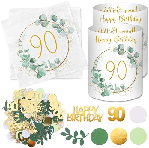 20 Stück Servietten 90 Geburtstag+ 12 Stück Windlicht Tischdeko 90 Geburtstag + 100 Stück Konfetti 90 Geburtstag Deko Grün, Deko 90. Geburtstag Frau Mann, Eukalyptus Tisch Deko 90 Jahre