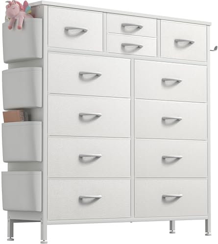 Buluri Chest of Drawers Bedroom, 12 Fabric Drawers Dresser with Side Pockets and Hooks, Wooden Top and Metal Frame, Tall Drawers for Closet, Living room, Kids Room (White)