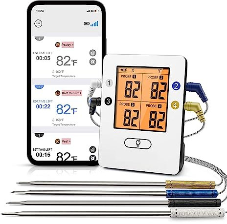 MZZYG Thermohygromètre 4 Sondes Rétro-éclairage Affichage 150M sans Fil Intelligent Bluetooth-connecté Téléphone APP Cuisson Barbecue Four Thermomètre À Viande