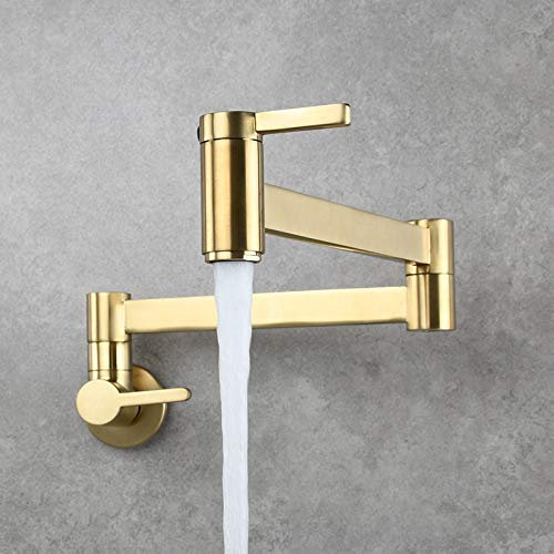 CWHHTVBI Sink Mixer Tap Wall-Mounted Pot Filler Tap Wall Mounted Foldable Kitchen Single Cold Single Hole Sink Tap, Rotate Folding Spout Brushed Gold Brass Faucet Wall Mounted Fauce