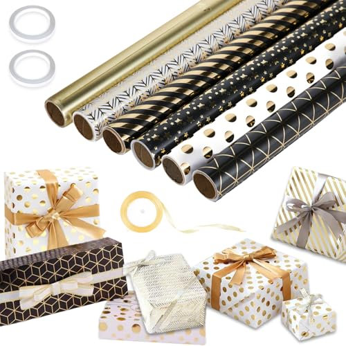 6 Rollen Geschenkpapier Set 43 x 300 cm Geschenkpapier Weihnachten Rolle Geschenkpapier Schwarz Gold Geschenkpapierrolle mit Schleifenband Gold für Kindergeburtstag Hochzeit Babyparty Weihnachten