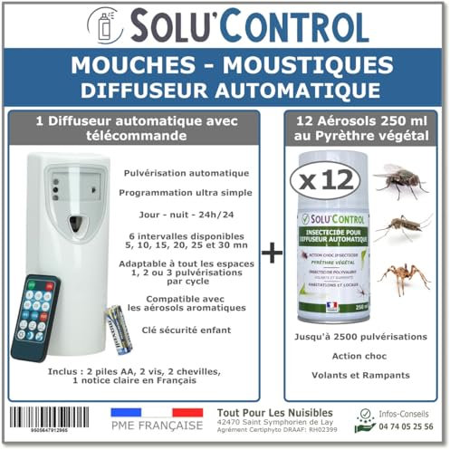 Kit Diffuseur Automatique avec Télécommande + 12 Aérosols Insecticide au Pyrèthre Végétal 250 ml - Anti-Mouches & Anti-Moustiques - Action Choc pour Volants et Rampants