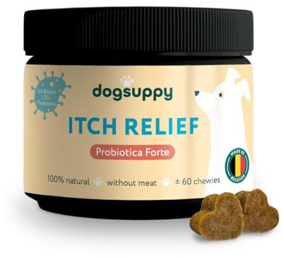 DogSuppy Itch Relief Probiotics For Dogs - Stop Itching, Scratching, Paw Licking & Grass Eating, Relieve Allergies & Yeast, 100% Natural, Supports Gut & Immunity, Without meat, Includes Dental Sticks