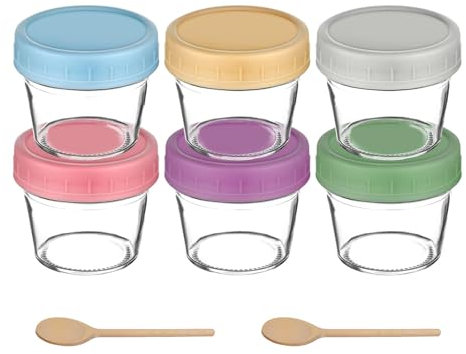 6-Pack Babybrei Einfrieren Behälter Glas mit 2 Holzlöffel - Beikost Baby Zubehör, Babybrei Behälter, Lecksicher mit Luftdichten Deckeln Beikost Einfrieren Gläser Brei, Aufbewahrung Gläser Säuglings